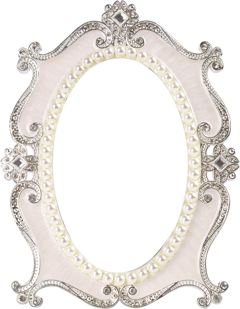 Nerien Decorative Tabletop Oval Mirror Vintage Metal Desktop Mirror with Stand Pearl Floral Frame Makeup Mirror Retro Cosmetic Mirror Countertop Dressing Mirror for Home, Bedroom Decor White-S - Image 1